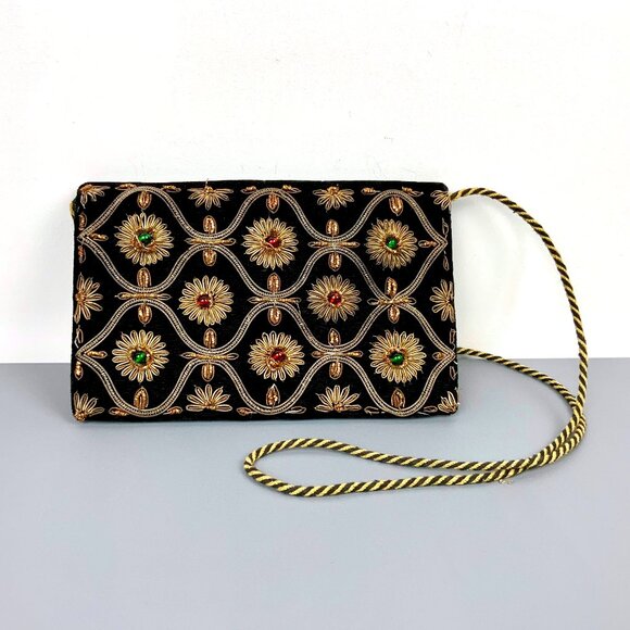 Vintage Handbags - Vintage Black Velvet Gold Metallic Embroidery Crossbody Bag